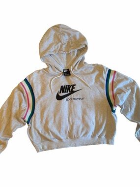 NWOT NIKE Light Gray Cropped Hoodie with Green, Blue,White & Pink Sleeve Stripes
